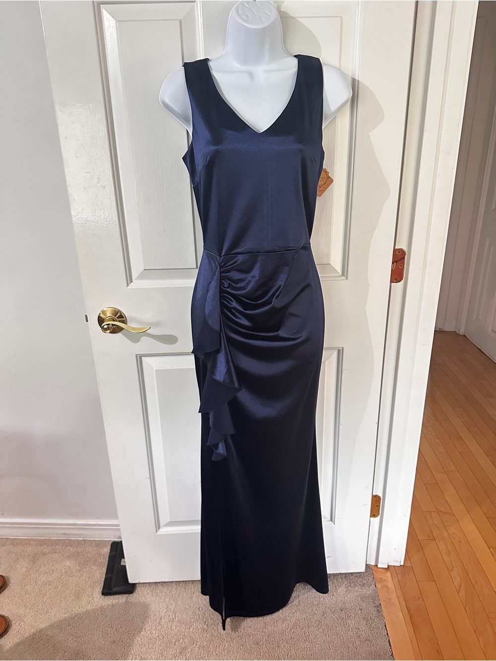 Elegant Navy Satin V-Neck Maxi Dress with Side Cascade